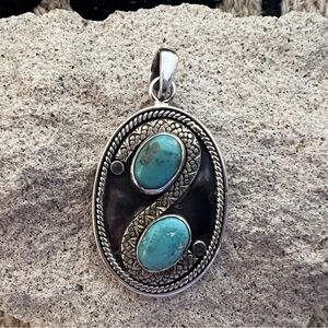 ❤️ Kingman Turquoise Navajo Sterling Decorative 2”L Pendant Snake Like Motif 11G